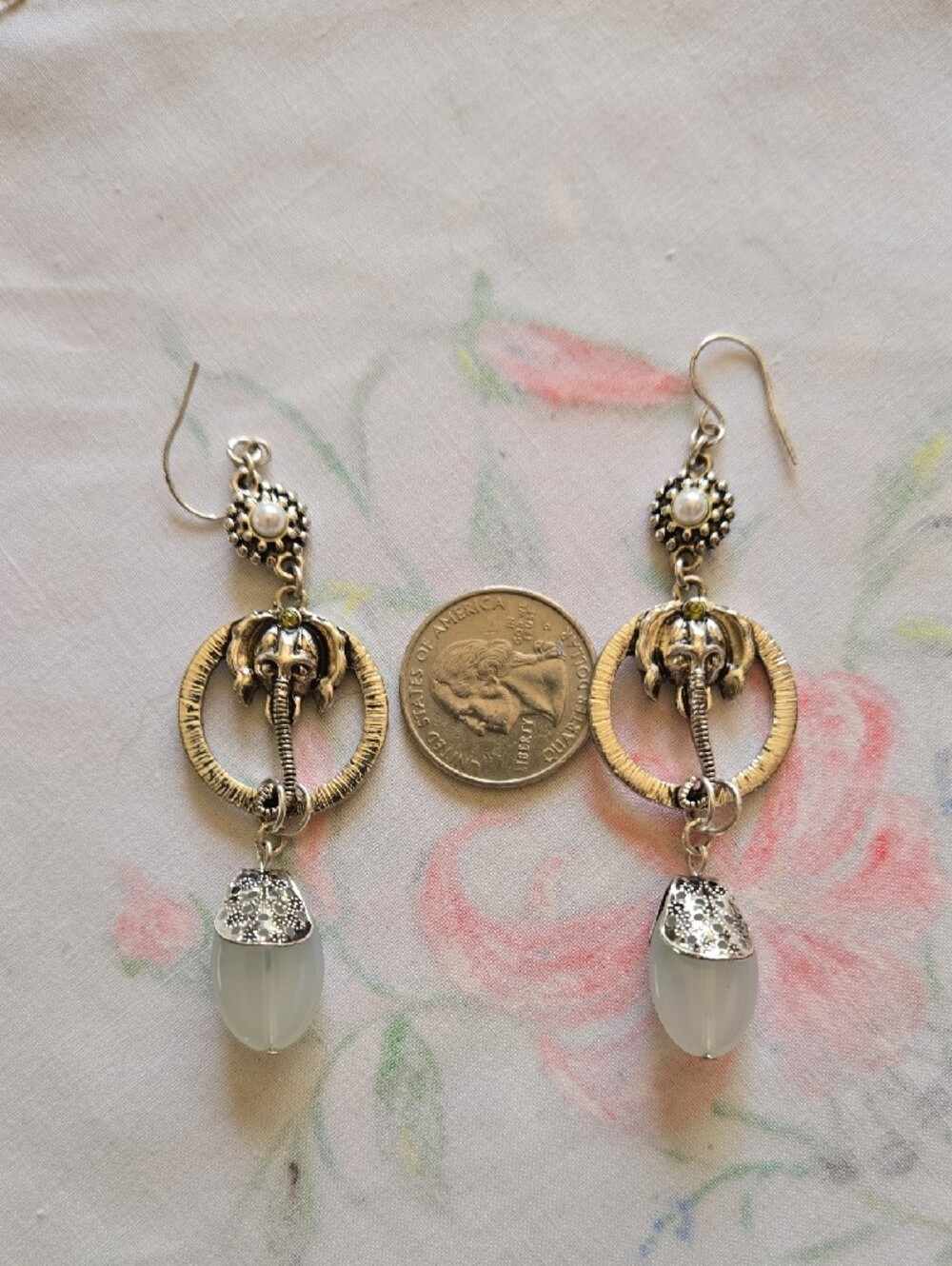 Silver Elephant Hoop Drop Earrings with Pale Blue Gem - Picture 7 of 8